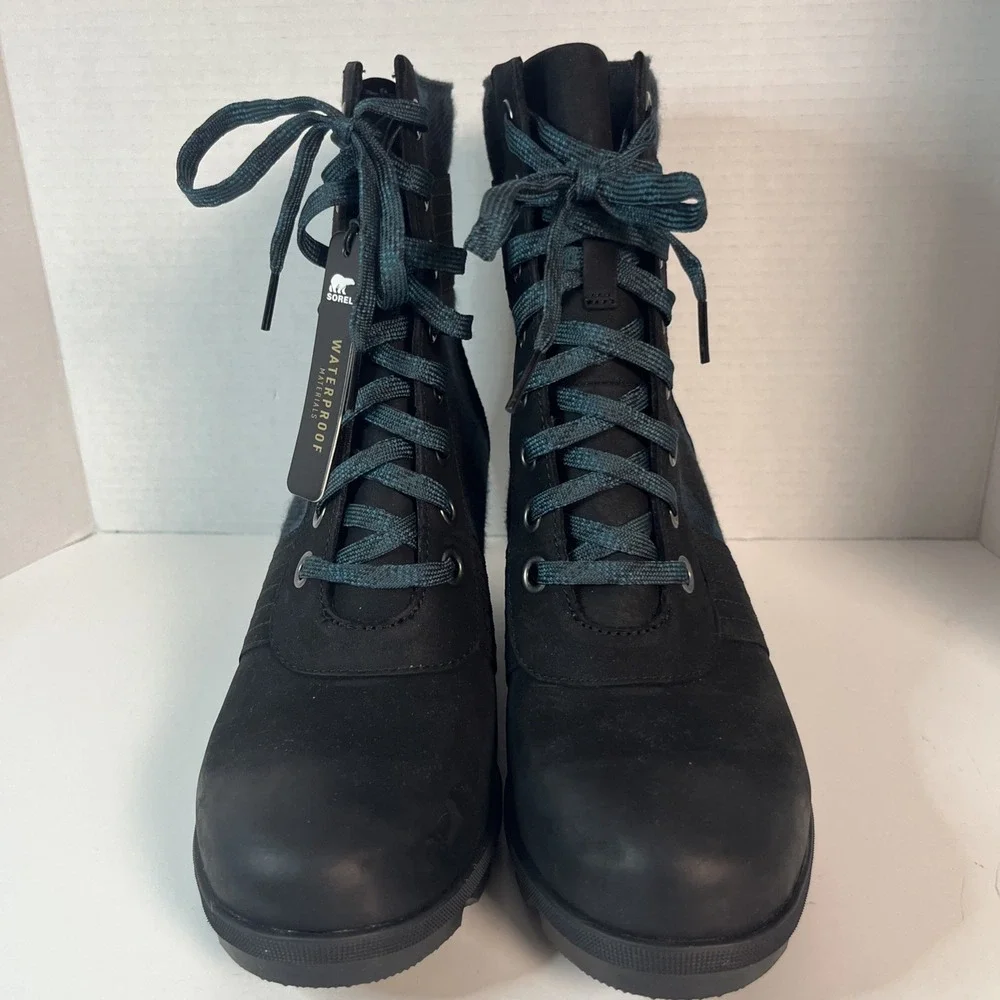 Sorel Women Lexie Wedge Bootie 11 Black Leather Flannel Plaid Waterproof NL3779